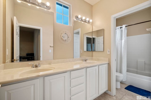 full bathroom featuring tile patterned floors, vanity, shower / bathtub combination with curtain, and toilet