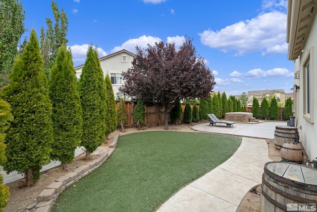 view of yard featuring a patio area, a fenced backyard, and a hot tub