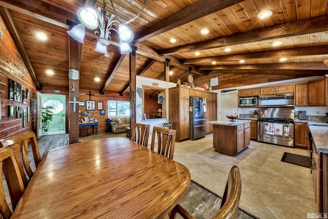 dining space with lofted ceiling with beams, wood walls, and wooden ceiling