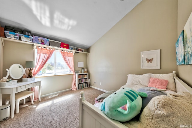 bedroom featuring lofted ceiling, carpet flooring, visible vents, and baseboards