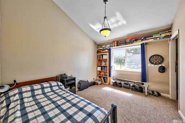 carpeted bedroom with vaulted ceiling