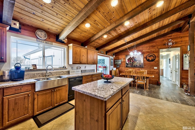 kitchen featuring wooden walls, vaulted ceiling with beams, black dishwasher, light tile patterned flooring, and wooden ceiling