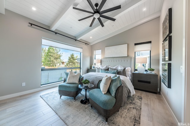 bedroom with high vaulted ceiling, light wood-type flooring, beamed ceiling, ceiling fan, and wood ceiling