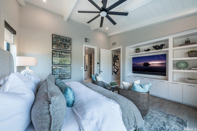 bedroom with beam ceiling, ceiling fan, high vaulted ceiling, and wood-type flooring