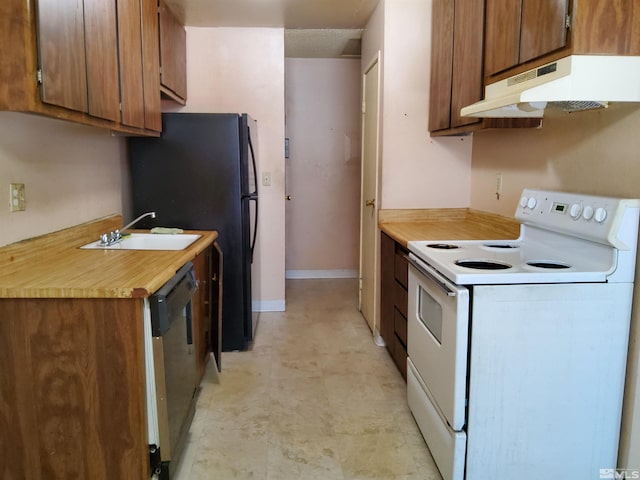 kitchen with dishwasher, white range with electric cooktop, sink, and black fridge