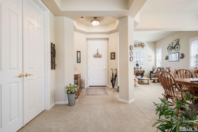 entrance foyer featuring light carpet, a tray ceiling, a wealth of natural light, and baseboards