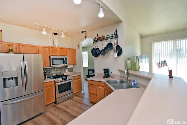 kitchen with tasteful backsplash, stainless steel appliances, light countertops, light wood-type flooring, and a sink