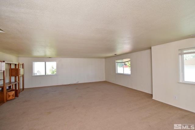 unfurnished room featuring a textured ceiling and light colored carpet