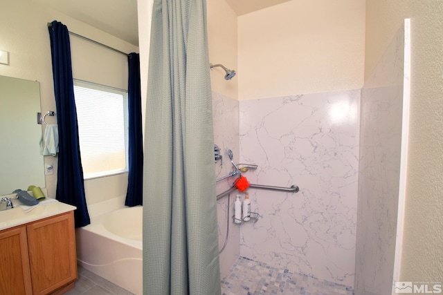 full bathroom featuring a shower with shower curtain, vanity, and a tub