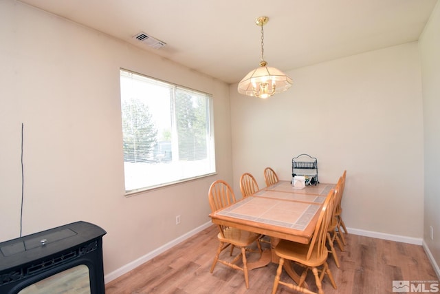 dining room with light wood-type flooring, visible vents, and baseboards