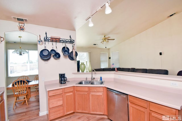 kitchen featuring vaulted ceiling, ceiling fan with notable chandelier, sink, rail lighting, and stainless steel dishwasher