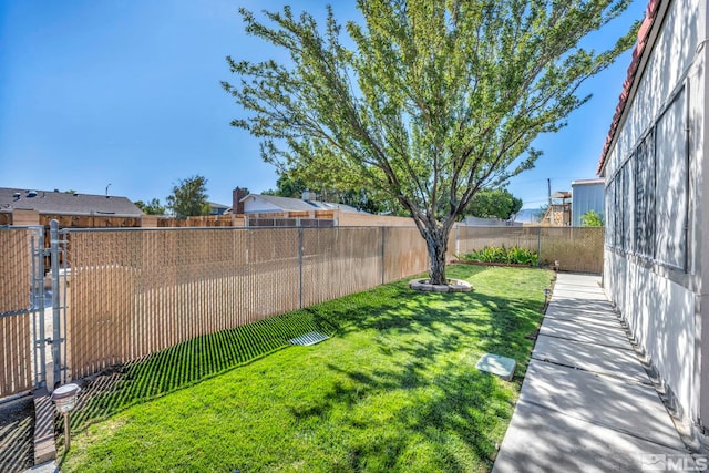 view of yard featuring a fenced backyard and a gate