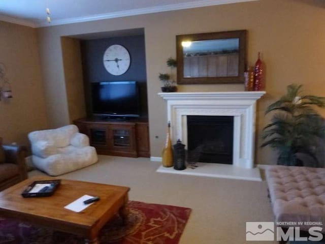 carpeted living room with ornamental molding