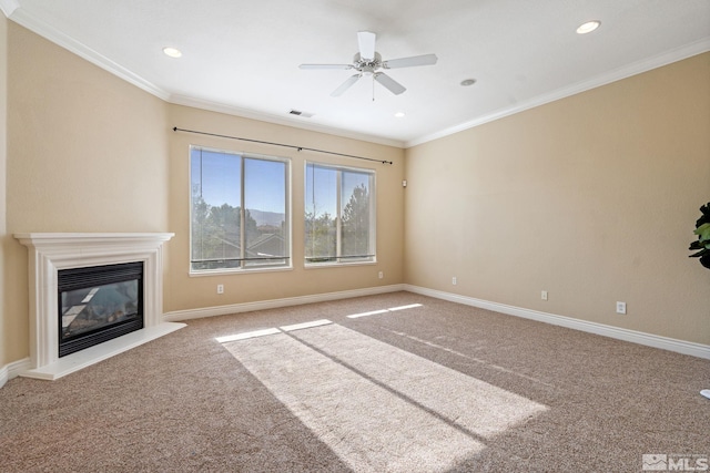 unfurnished living room with light carpet, ornamental molding, and ceiling fan