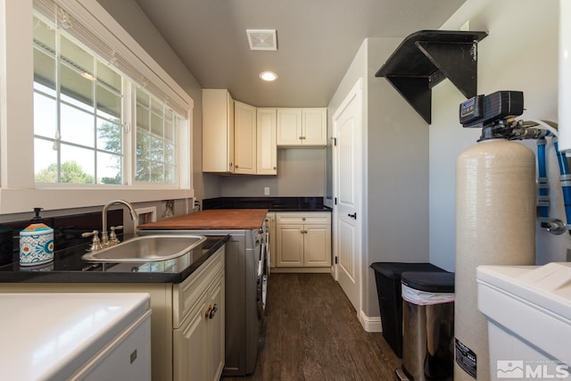 kitchen with dark wood-type flooring, white cabinets, and sink