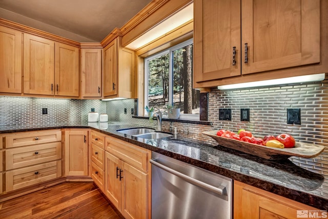 kitchen with hardwood / wood-style floors, sink, dark stone counters, decorative backsplash, and stainless steel dishwasher