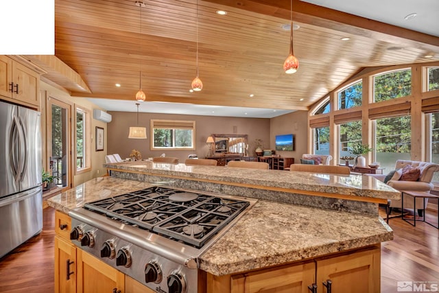 kitchen featuring pendant lighting, wood ceiling, light hardwood / wood-style flooring, stainless steel appliances, and lofted ceiling with beams