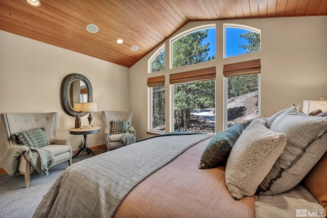 bedroom featuring wooden ceiling, high vaulted ceiling, and carpet flooring