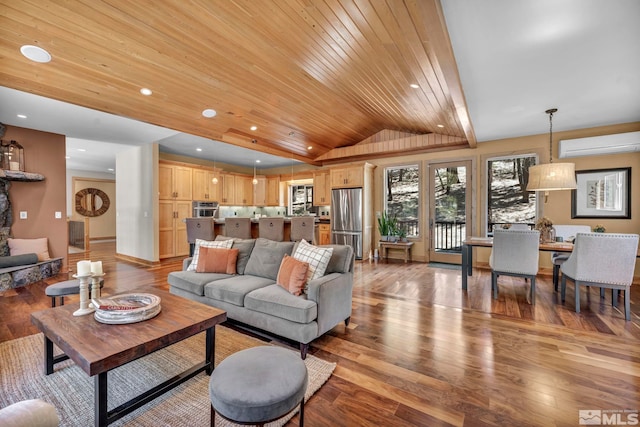 living room with wooden ceiling, lofted ceiling, a wall mounted AC, and hardwood / wood-style floors