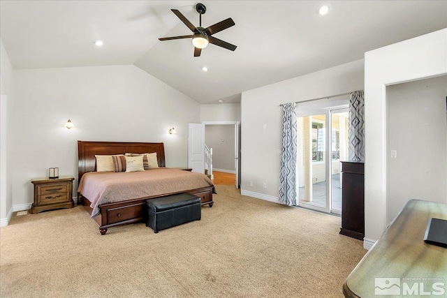 bedroom featuring light carpet, ceiling fan, access to outside, and vaulted ceiling