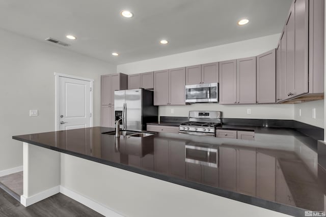 kitchen featuring sink, stainless steel appliances, dark hardwood / wood-style floors, and kitchen peninsula