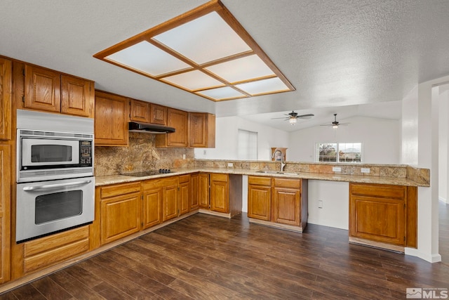 kitchen with under cabinet range hood, appliances with stainless steel finishes, brown cabinets, and a sink