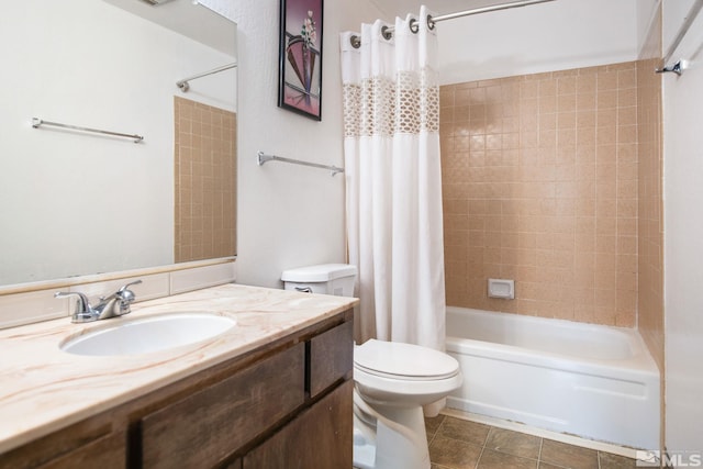 full bathroom with tile patterned floors, shower / bathtub combination with curtain, toilet, and vanity