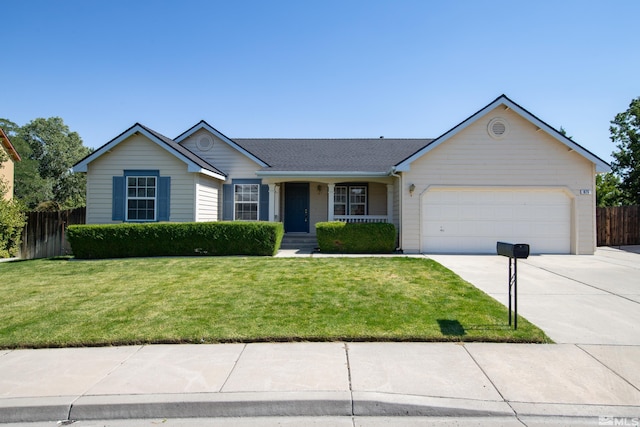 single story home featuring concrete driveway, a front lawn, an attached garage, and fence