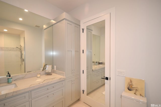 full bathroom with toilet, recessed lighting, visible vents, vanity, and a shower stall