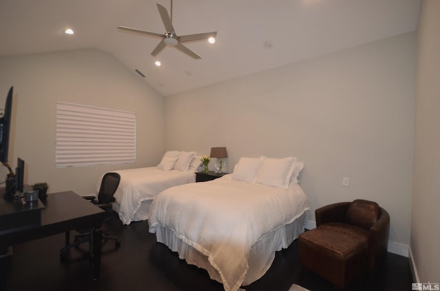 bedroom with ceiling fan, recessed lighting, visible vents, baseboards, and vaulted ceiling