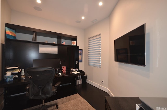 office space with recessed lighting, dark wood-style flooring, visible vents, and baseboards