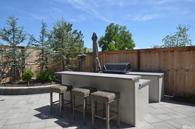 view of patio / terrace featuring a fenced backyard, outdoor dry bar, and grilling area