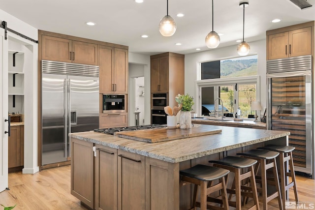 kitchen with a barn door, appliances with stainless steel finishes, a kitchen island, and light wood-type flooring