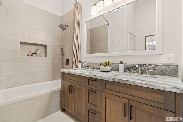 bathroom featuring vanity, shower / tub combo, and tile patterned flooring