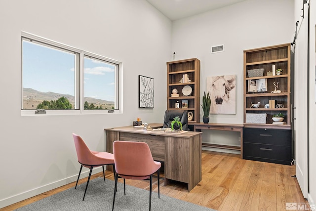 office area with light hardwood / wood-style flooring, plenty of natural light, and a mountain view