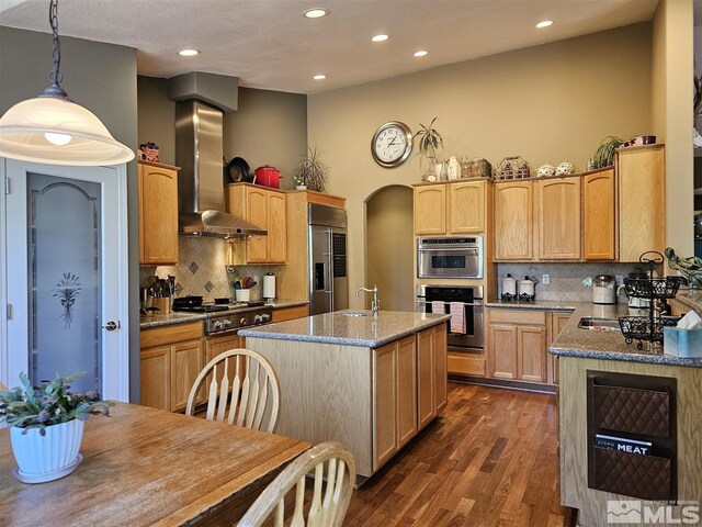 kitchen with wall chimney exhaust hood, appliances with stainless steel finishes, a kitchen island with sink, dark wood-type flooring, and sink