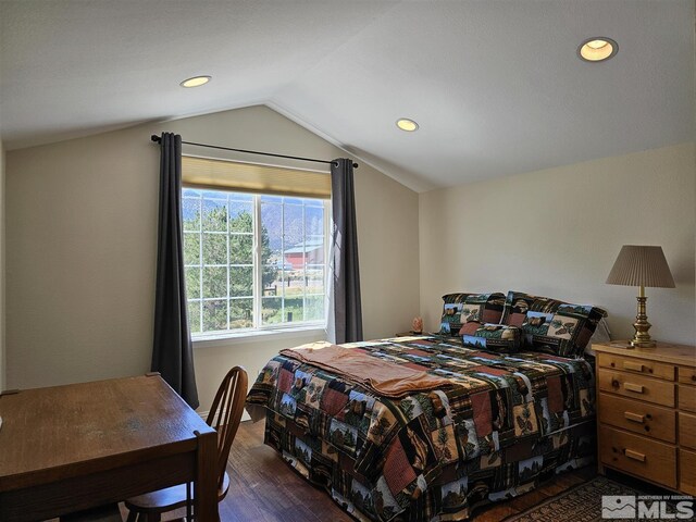 bedroom featuring lofted ceiling and dark hardwood / wood-style flooring