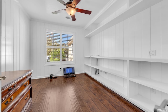 office area featuring crown molding, ceiling fan, and dark hardwood / wood-style flooring