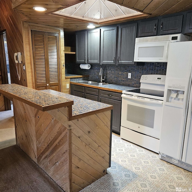 kitchen featuring white appliances, open shelves, a sink, wood ceiling, and backsplash