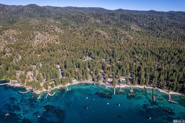 drone / aerial view with a mountain view and a wooded view