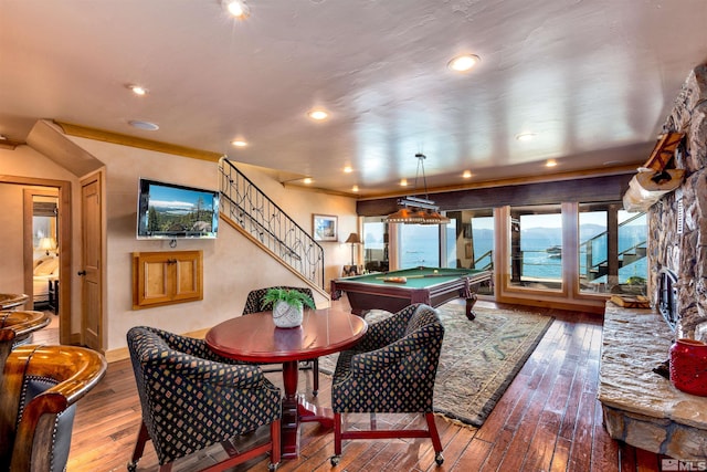 playroom featuring pool table, wood-type flooring, and recessed lighting