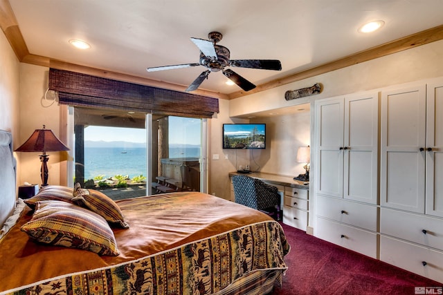 bedroom with a ceiling fan, ornamental molding, access to exterior, built in desk, and recessed lighting