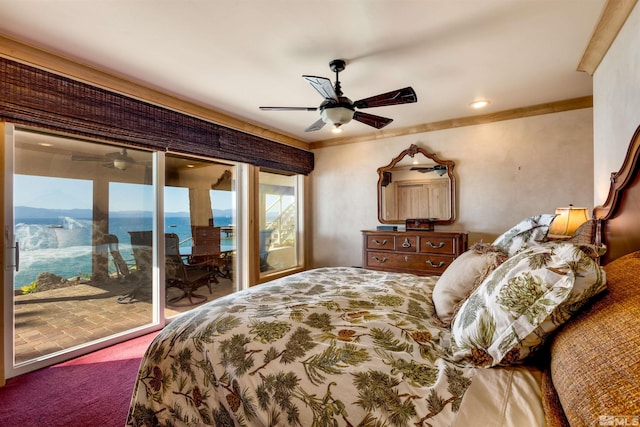 carpeted bedroom with ornamental molding, access to outside, and ceiling fan