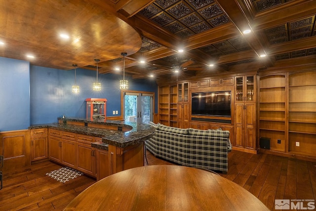 bar with built in shelves, dark wood-style flooring, coffered ceiling, and french doors