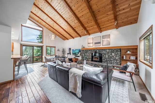 living room with wood ceiling, high vaulted ceiling, a wealth of natural light, and a wood stove