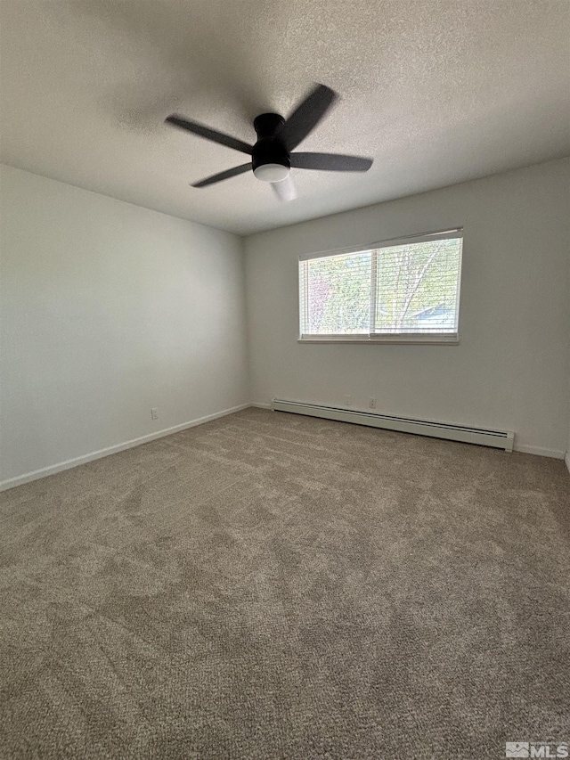 spare room with ceiling fan, a textured ceiling, carpet floors, and a baseboard radiator