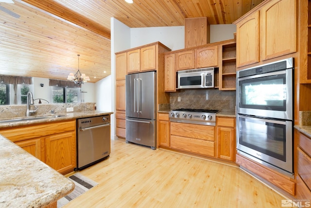 kitchen featuring stainless steel appliances, decorative light fixtures, wooden ceiling, a notable chandelier, and lofted ceiling