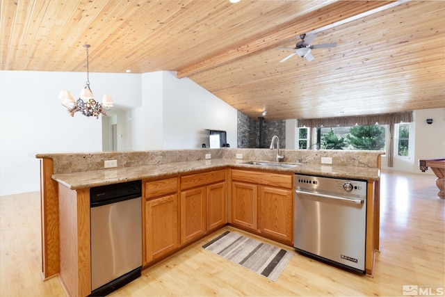 kitchen featuring lofted ceiling with beams, sink, stainless steel dishwasher, light hardwood / wood-style floors, and wood ceiling