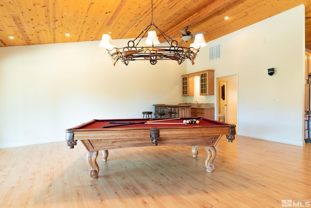 recreation room with light wood-type flooring, high vaulted ceiling, wooden ceiling, and billiards