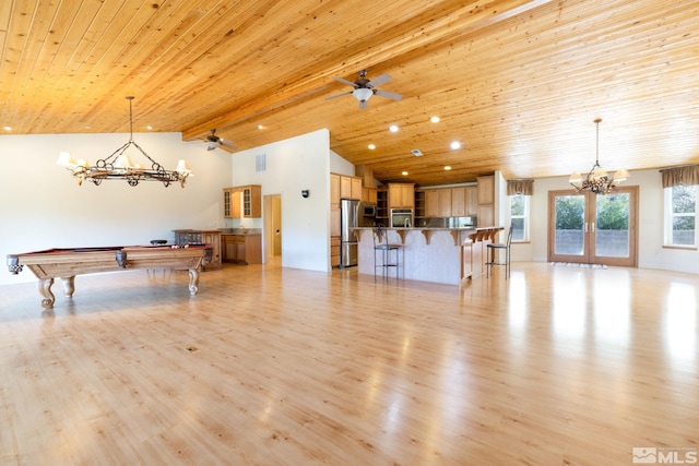 recreation room with french doors, beam ceiling, wooden ceiling, billiards, and light hardwood / wood-style floors